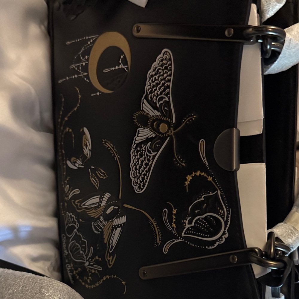 Coach Black Shoulder Bag with Gold and Cream Moth and Floral Motif